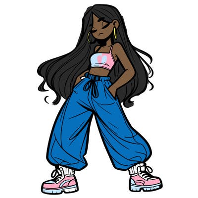 girl in baggy pants crop top and long hair