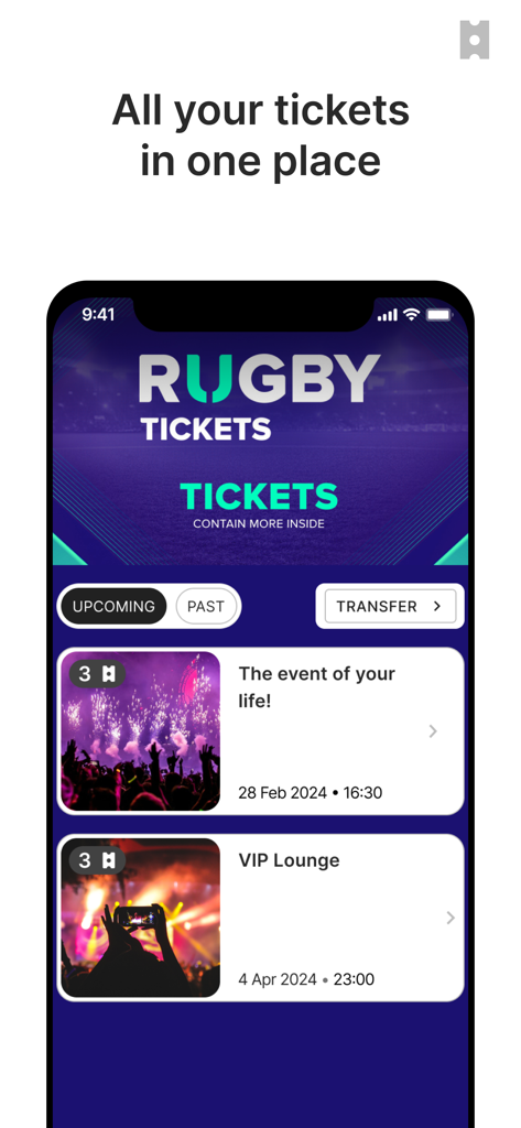 RugbyAU Tickets - RugbyAU Ticketsモバイルアプリ。イベントのデジタルチケットとVIPラウンジへのアクセスが表示されています。