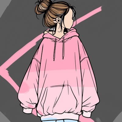 realistic girl with a oversized sweatshirt on and a bun