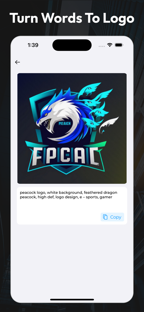 AI Logo Maker: Logo Creator - Aplicación creadora de logos con IA mostrando un logo de esports de dragón azul generado a partir de una indicación de texto