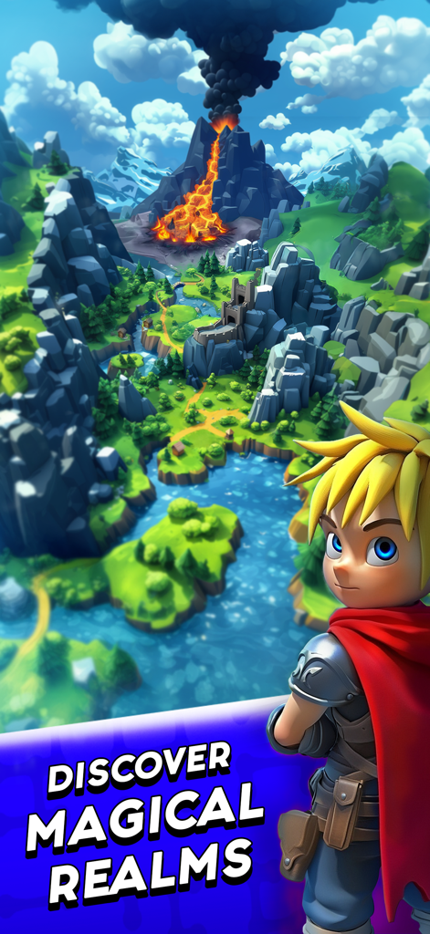 Guns vs Magic - Battle RPG - ブロンドのヒーロー、シルヴィウスがGuns vs Magic RPGの火山がある活気のあるファンタジーの風景を見下ろしている。