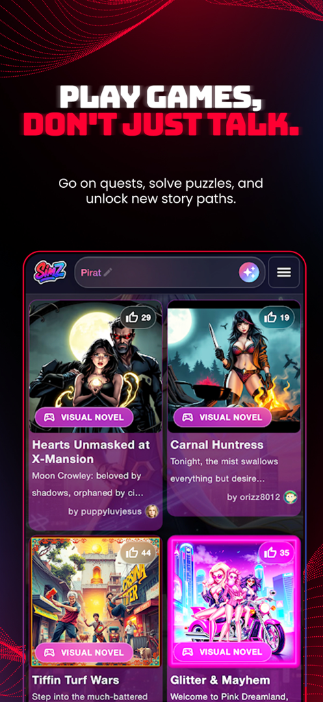 SimZ: Chat with AI Characters - Interfaz de la aplicación SimZ mostrando una variedad de historias de novelas visuales y misiones IA gamificadas.