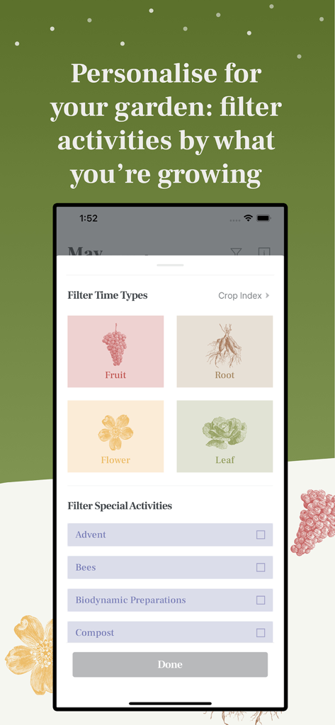 Biodynamic Gardening Calendar - Screen showing the activity filters for fruit root flower and leaf plant types in the Biodynamic Gardening Calendar app.