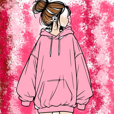 realistic girl with a oversized sweatshirt on and a bun