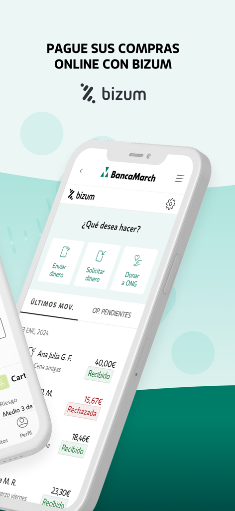 Smartphone screen displaying Bizum payment options and transaction history in the Banca March app