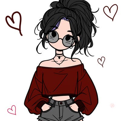 girl with a messy ponytail glasses a baggy crop top and jean shorts