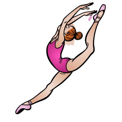 gymnast doing a leap in a leotard with a bent back leg