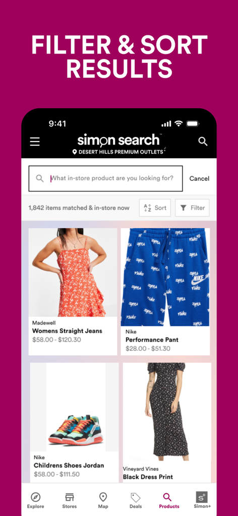 SIMON: Malls, Mills & Outlets - Interface de pesquisa de produtos do aplicativo Simon mostrando resultados de roupas com opções de filtro e classificação