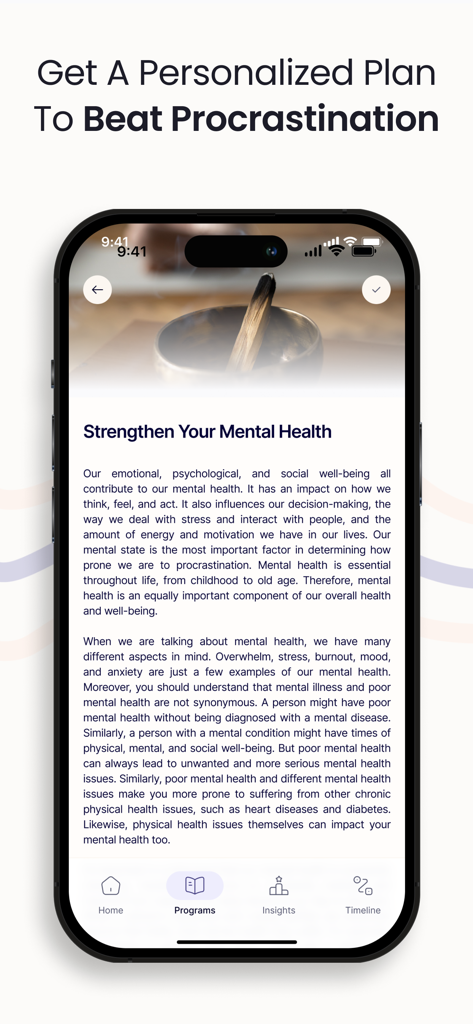 Brainway: Boost Productivity - Interfaz de la aplicación Brainway que muestra una lección sobre cómo fortalecer la salud mental para vencer la procrastinación.