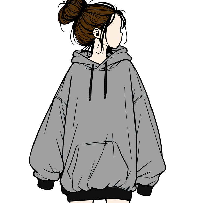 realistic girl with a oversized sweatshirt on and a bun