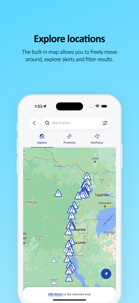 INSO - INSO app interface showing a map of East Africa with multiple safety alert icons for humanitarian workers