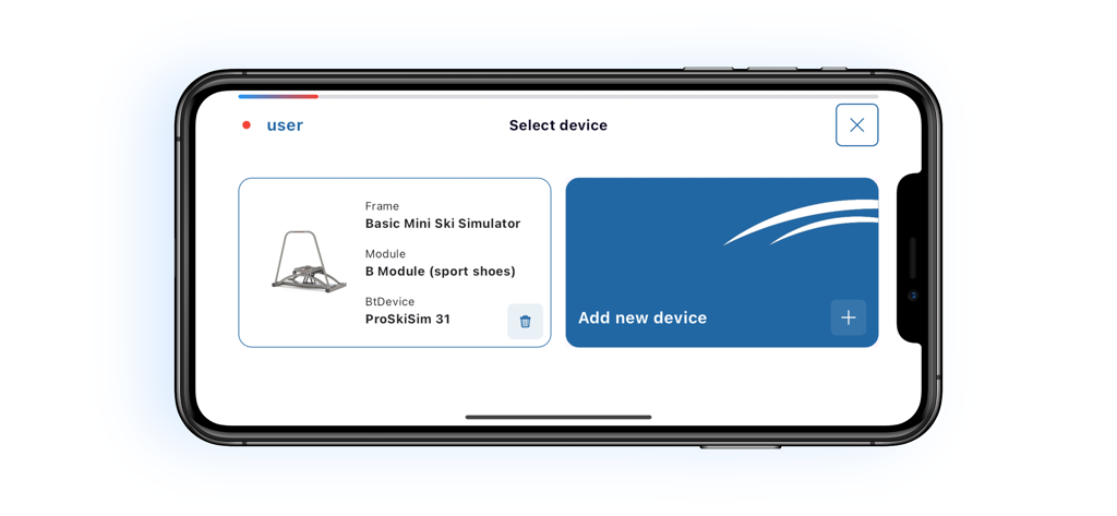 Interfaz para seleccionar o añadir una máquina simuladora de esquí.