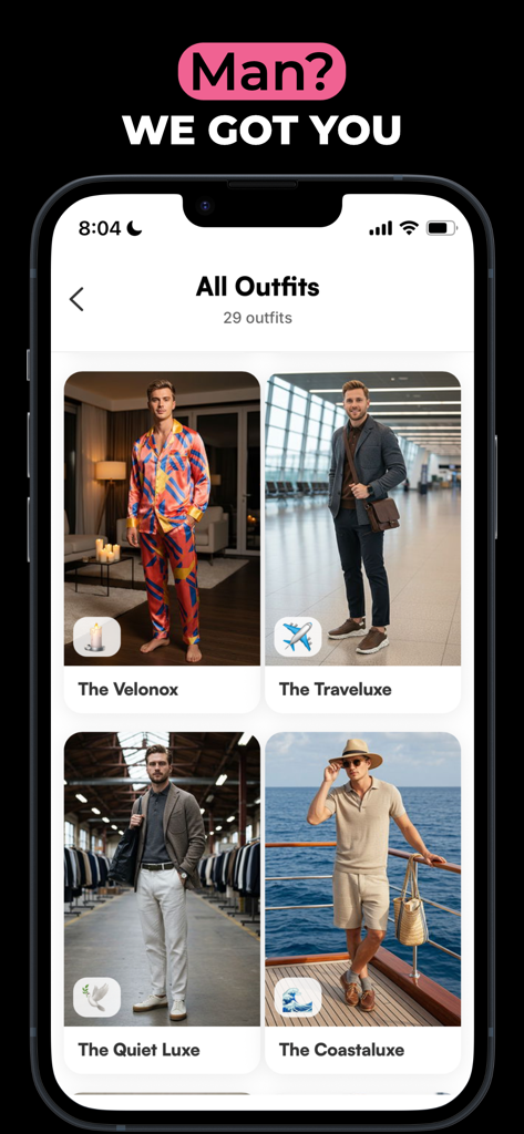 AI-styled men fashion outfits gallery in seen mobile app