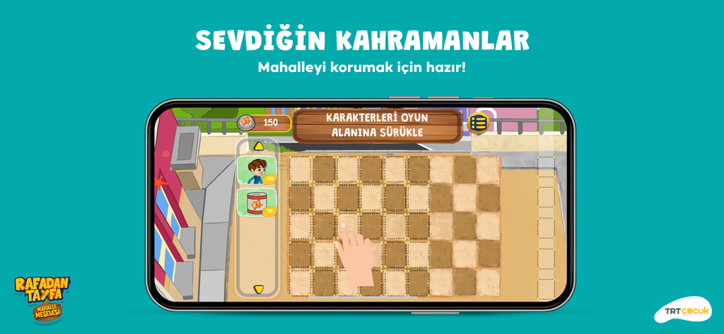 TRT Rafadan Tayfa Mahalle - A smartphone screen displaying the TRT Rafadan Tayfa Mahalle strategy game with character selection and a game grid