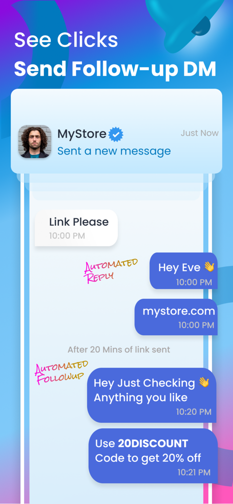 Insta DM App - InstantDM - Screenshot showing automated Instagram DM replies and follow-up messages including a discount code for business conversion