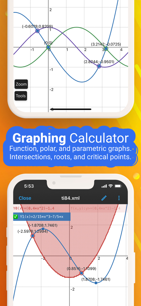 NCalc Scientific Calculator + - Interface do aplicativo NCalc mostrando gráficos de funções e pontos de intersecção em uma grade de coordenadas