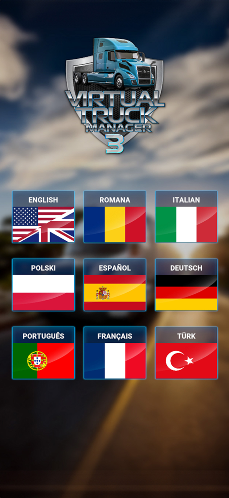Virtual Truck Manager 3 - Language selection screen in Virtual Truck Manager 3 featuring various national flags for international localization.