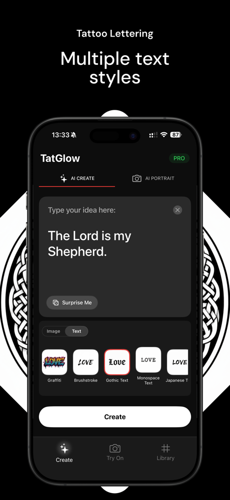 TatGlow: AI Tattoo Generator - Interface of the TatGlow app showing tattoo lettering options and various font styles like Gothic and Graffiti for custom designs.