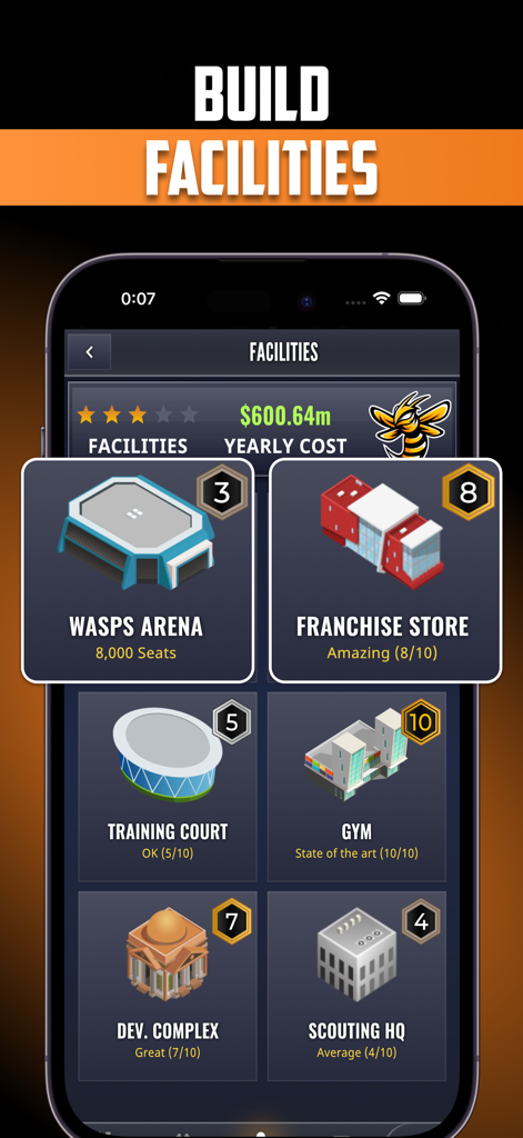 Ultimate Pro Basketball GM - Mobile game interface showing basketball team facilities like arena gym and scouting headquarters available for upgrades