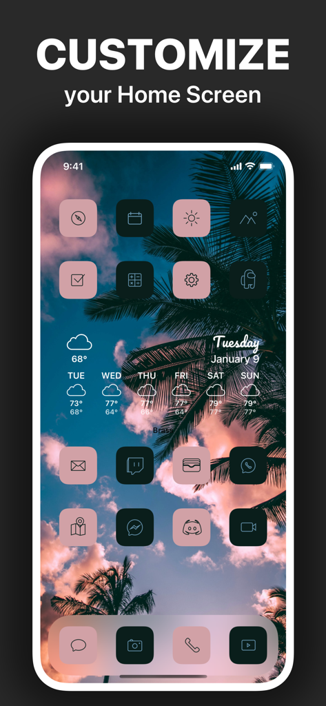 Brass - Icon Themes & Widgets - Uma tela de início de iPhone estética personalizada com ícones cor-de-rosa e um papel de parede tropical usando o aplicativo Brass.