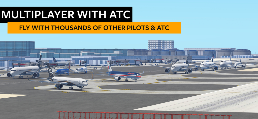 Una concurrida pista de aeropuerto con múltiples aviones de pasajeros en el modo multijugador de Infinite Flight Simulator con control de tráfico aéreo