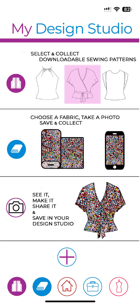 My DIY Fashion Design Studio - Gráfico mostrando o processo de seleção de moldes de costura e sua correspondência com fotos de tecidos no aplicativo.