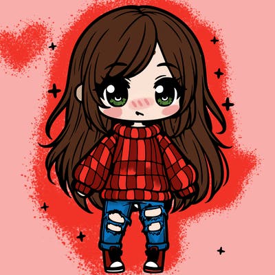 chibi girl with ripped jeans,long hair, and an oversized sweater