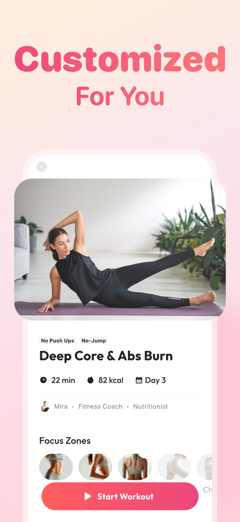 Wall Pilates at Home: FitPulse - Interfaccia di un'app mobile che mostra un allenamento personalizzato di Pilates a muro per il core profondo e gli addominali