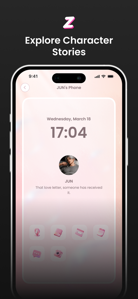 ZingChat: AI Character Chat - A mobile interface for ZingChat showing an AI character profile named Jun under the headline Explore Character Stories.