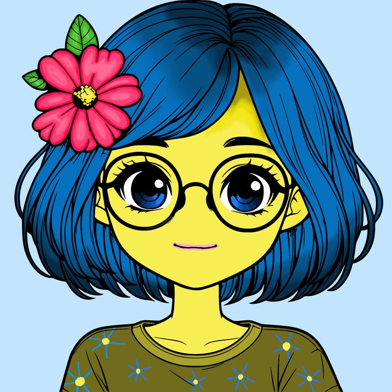 realistic girl with glasses, short hair and a flower in her hair
