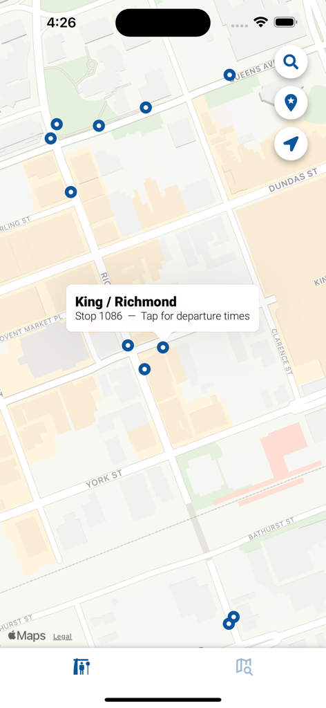 Kartenansicht der London Transit LTC App mit Bushaltestellen und Informationen zur Haltestelle King und Richmond
