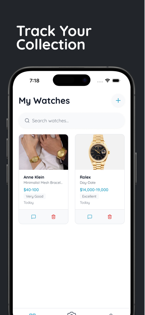 Watch Identifier and Value - A mobile app screen titled Track Your Collection showing a digital list of watches with their brand name, condition, and estimated market value