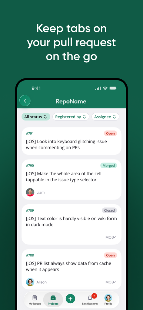Backlog: Project Management - Interfaz de la aplicación móvil Backlog que muestra una lista de pull requests con actualizaciones de estado