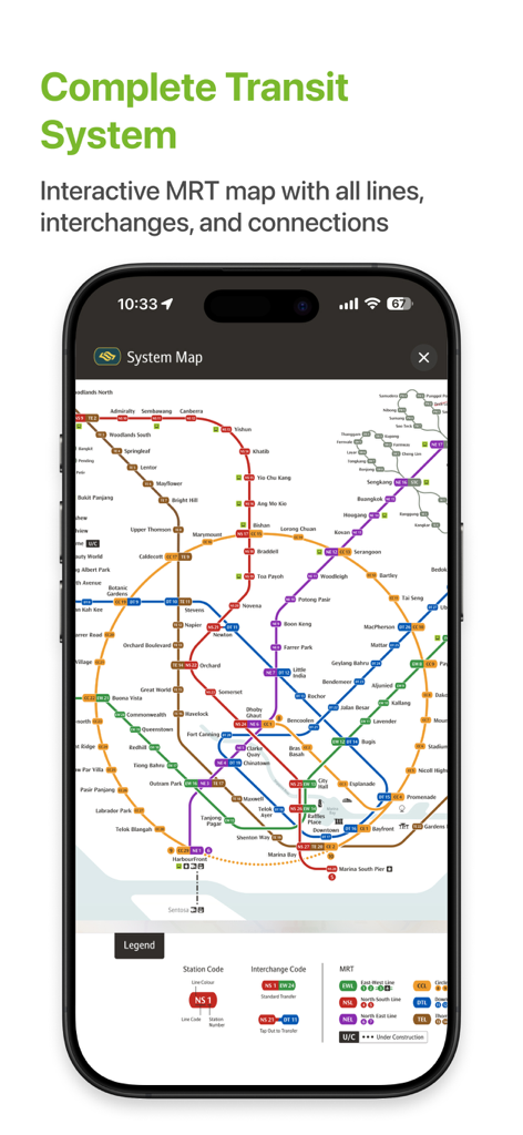 Bustro: Singapore Bus - Interactive Singapore MRT system map within the Bustro app showing transit lines and station connections.