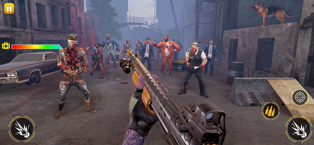 Zombie Games : Survival Games - Captura de pantalla de jugabilidad FPS que muestra a un jugador apuntando con una escopeta a un grupo de zombis en una calle de la ciudad