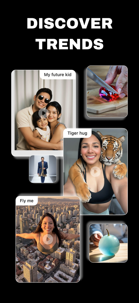 Flow AI - Video Generator - Une galerie de vidéos tendances générées par IA dans l'application Flow AI montrant des prompts créatifs comme "câlin de tigre" et "vol au-dessus d'une ville"