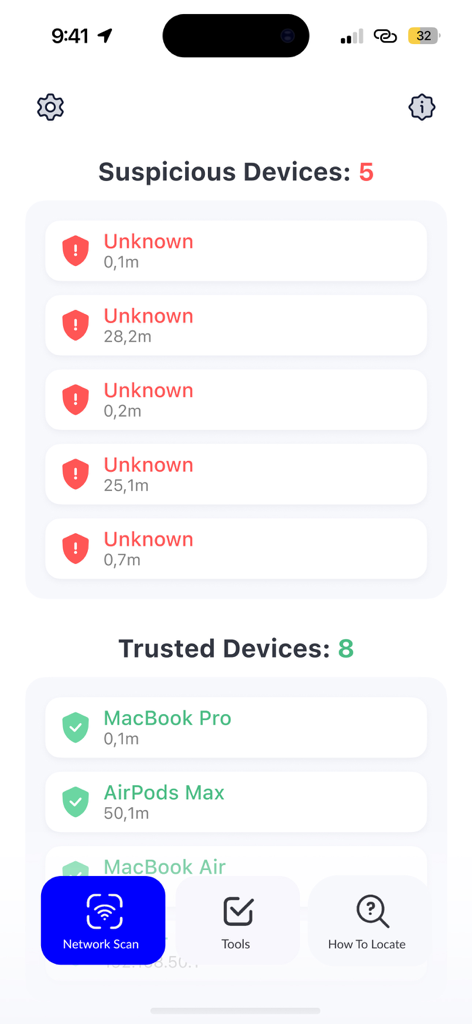 MacBookやAirPodsなどの疑わしい未知のデバイスと信頼できる個人デバイスのリストを表示するWiFiネットワークスキャナーアプリのインターフェース