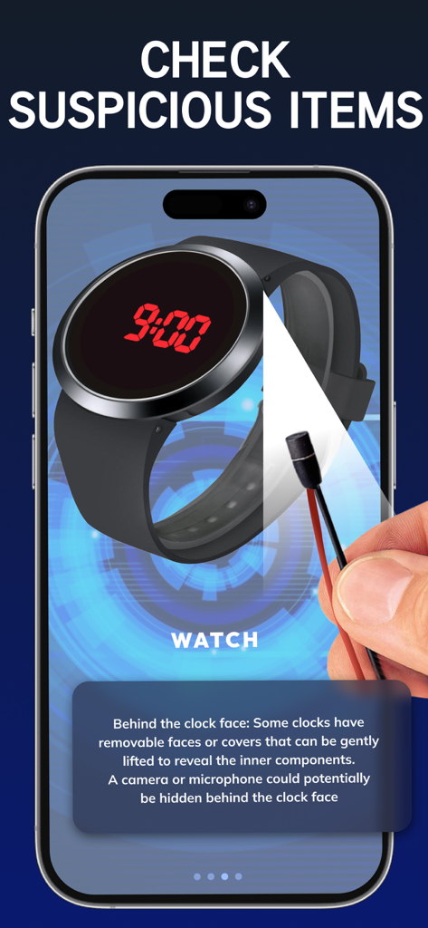 Hidden Camera Finder - AntiSpy - Pantalla de la aplicación de smartphone mostrando una cámara oculta detectada detrás de la esfera de un reloj digital