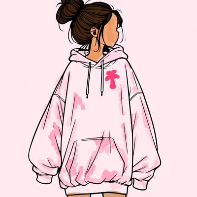 realistic girl with a oversized sweatshirt on and a bun