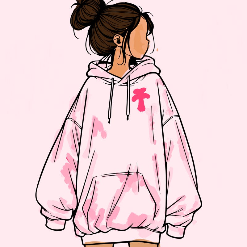 realistic girl with a oversized sweatshirt on and a bun