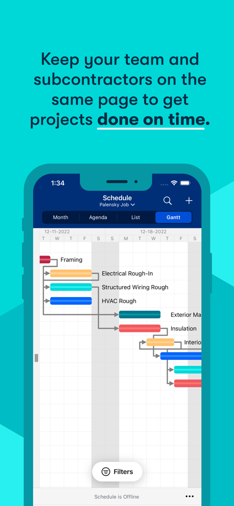 Capture d'écran mobile de l'application Buildertrend affichant un diagramme de Gantt pour la gestion des tâches de construction