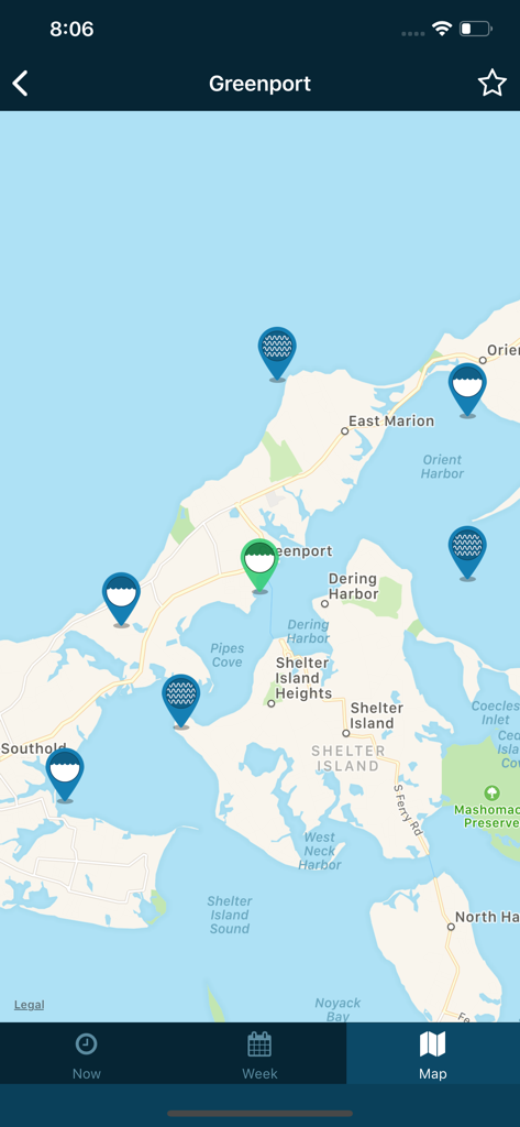 Map view showing tide and current stations around Greenport and Shelter Island in the Tides Near Me app.
