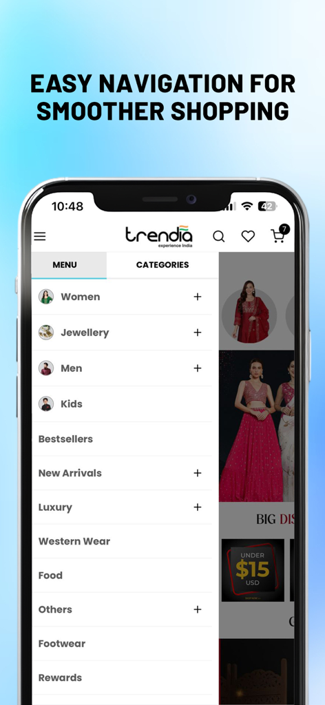 Trendia - Online Shopping App - Interfaz de la aplicación móvil Trendia que muestra el menú de categorías para compras de moda y estilo de vida indios