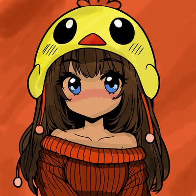 anime girl with chick shaped hat with sweater with bare shoulders with bangs covering them one eye with low tail