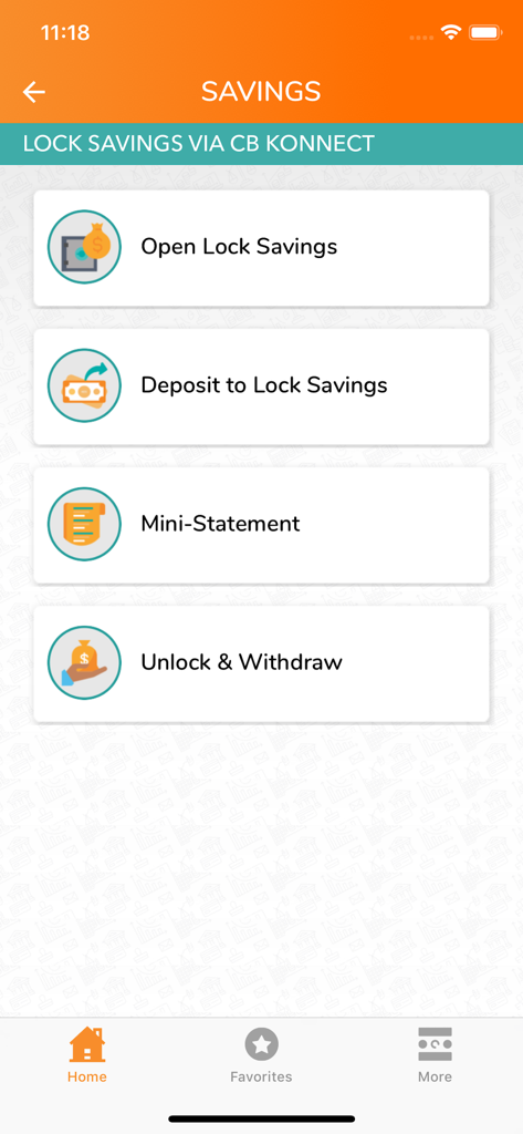 Credit Bank CB Konnect - A mobile banking screen from the CB Konnect app showing savings options including open lock savings, deposit to lock savings, mini statement, and unlock and withdraw.