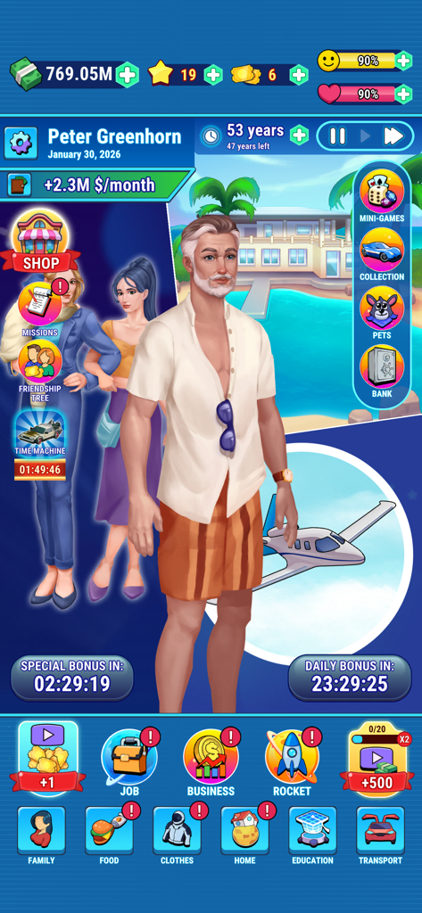 Billionaire character standing in front of a private mansion and jet in Cash Masters game