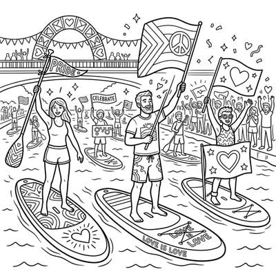 Join a joyous Pride Month parade on the water with this uplifting coloring page! Watch as paddleboarders celebrate love and diversity, surrounded by festive flags and symbols.