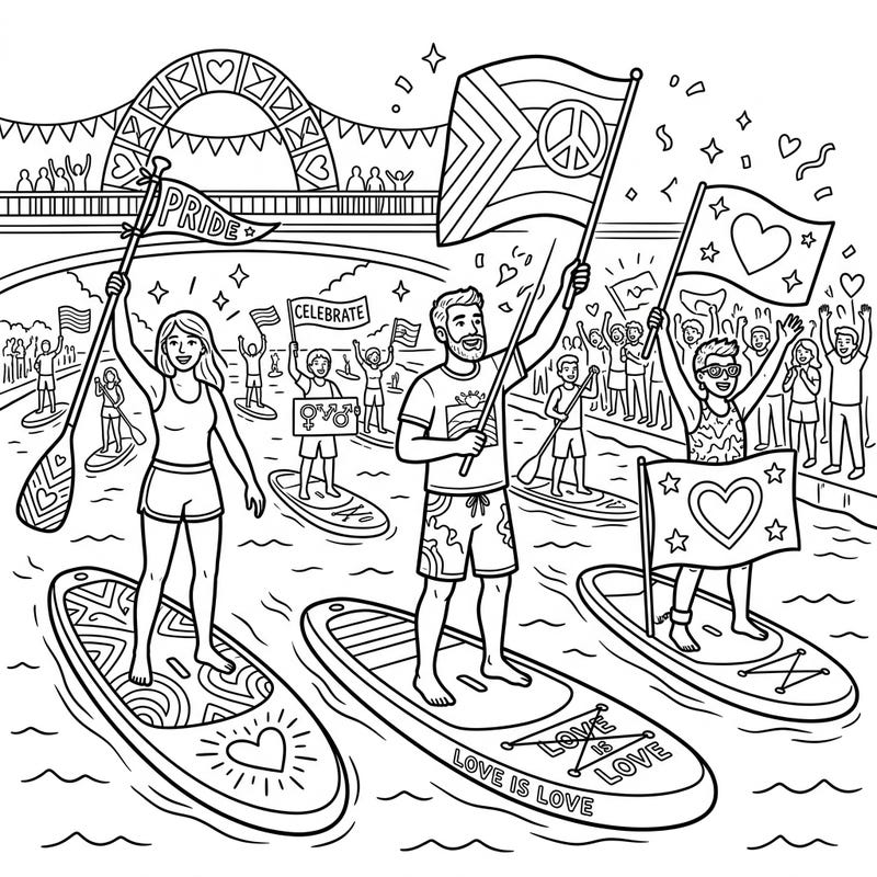 Join a joyous Pride Month parade on the water with this uplifting coloring page! Watch as paddleboarders celebrate love and diversity, surrounded by festive flags and symbols.