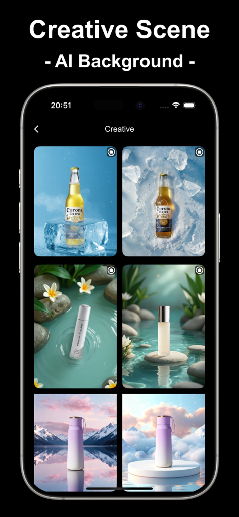 Glowya：AI Photo & Video Editor - Glowyaアプリのインターフェースで、プロ仕様の商品写真用のAI生成背景シーンが表示されている