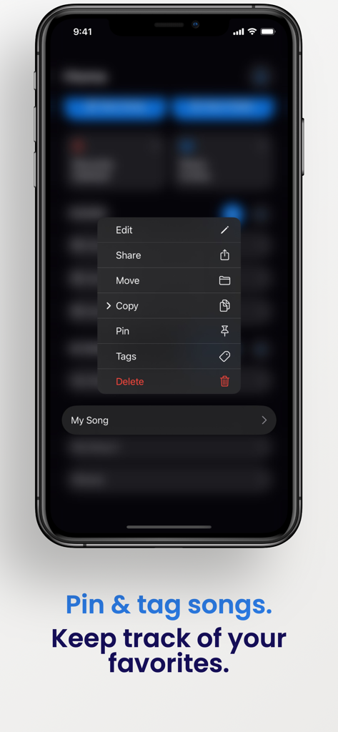 Lyrics: Live - Uma interface móvel do aplicativo Lyrics Live mostrando um menu de contexto com opções para fixar e marcar músicas.